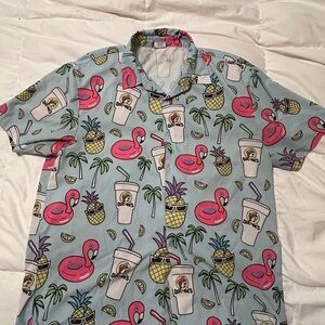 Buc-ee’s Flamingo and Pineapple Print Blue Shirt